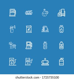 Editable 16 pump icons for web and mobile. Set of pump included icons line Shampoo, Water tank, Gas station, Gas, Oil, Gasoline station, Tank, Eco fuel, Breast pump on blue background