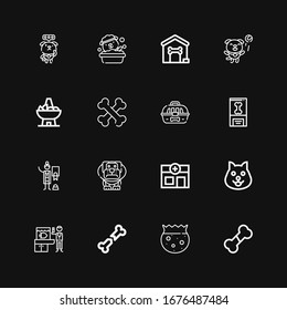 Editable 16 puppy icons for web and mobile. Set of puppy included icons line Bone, Bowl, Veterinarian, Dog, Veterinary, Cage, Bones, Dog house on black background