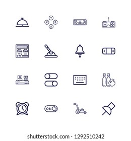 Editable 16 push icons for web and mobile. Set of push included icons line Push pin, Mower, Switch on, Alarm, Bowling, Keypad, Switches, Control, Gamepad, Bell on white background