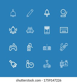 Editable 16 push icons for web and mobile. Set of push included icons line Controller, Game, Bowling, Bell, Gamepad, Keypad, Bells, Alarm, Edit button on blue background