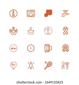 Editable 16 iconos de calidad para web y móvil. Conjunto de iconos de línea de calidad que incluyen: Secador de pelo, Tenis, Diamante, Idea, Precio, Descuento, Información, Nuevo, Cinta de pelo sobre fondo blanco