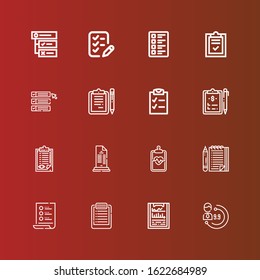Editable 16 questionnaire icons for web and mobile. Set of questionnaire included icons line Evaluation, Clipboard, List, Checklist, Clipboards, Test, Tasks on red