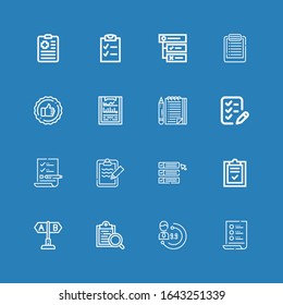 Editable 16 questionnaire icons for web and mobile. Set of questionnaire included icons line List, Evaluation, Clipboard, Test, Evaluate, Tasks, Checklist on blue background