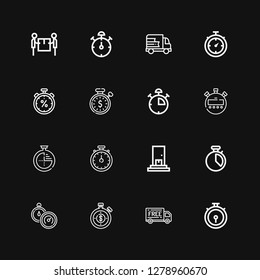 Editable 16 quick icons for web and mobile. Set of quick included icons line Chronometer, Delivery, Stopwatch, Timer, Stop watch on black background