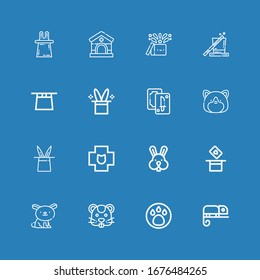 Editable 16 rabbit icons for web and mobile. Set of rabbit included icons line Chameleon, Animal, Hamster, Rabbit, Magic, Veterinary, Tarot, Magic hat on blue background