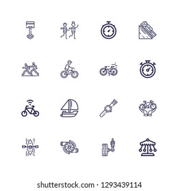 Editable 16 race icons for web and mobile. Set of race included icons line Ride, Suspension, Engine, Kayak, Bicycle, Watch, Yatch, Chronometer, Bike, Cycling on white background