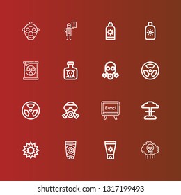 Editable 16 radiation icons for web and mobile. Set of radiation included icons line Bio weapon, Sun cream, Explosion, Nuclear, Formula, Gas mask, Radioactive, Radiation on red