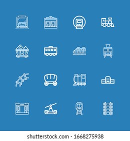 Editable 16 iconos de ferrocarril para web y móvil. Conjunto de ferrocarriles incluidos los iconos línea Ferrocarril, tren, estación de tren, Locomotive, Wagon sobre fondo azul
