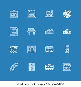 Editable 16 railroad icons for web and mobile. Set of railroad included icons line Subway, Train, Railway, Train station, Metro on blue background