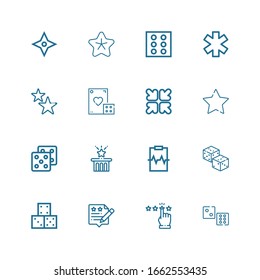 Editable 16 rate icons for web and mobile. Set of rate included icons line Dice, Rating, Dices, Cardiogram, Star, Favourite, Reduce, Stars on white background