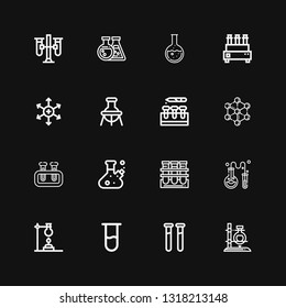 Editable 16 reaction icons for web and mobile. Set of reaction included icons line Flask, Test tubes, Test tube, Chemistry, Tube, Molecule, Positive ion on black background