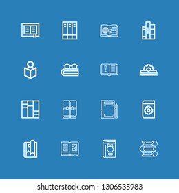 Editable 16 read icons for web and mobile. Set of read included icons line Books, Book, Magazine, Manual, Read on blue background