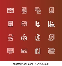 Editable 16 read icons for web and mobile. Set of read included icons line Books, Magazine, Book, Ebook, Pdf, Read, Homework, Science book on red