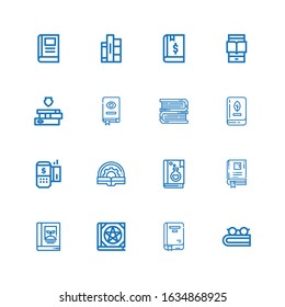 Editable 16 reader icons for web and mobile. Set of reader included icons line Book, Payment terminal, Books, Ereader on white background