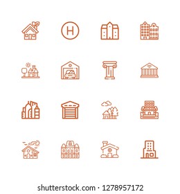 Editable 16 real icons for web and mobile. Set of real included icons line Skyscraper, House, Houses, Building, Garage, Urban, Architecture, Mansion, Hotel on white background