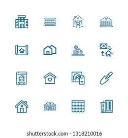 Editable 16 real icons for web and mobile. Set of real included icons line Office building, Roof, House, Scraper, Fingerprint, Home, Blueprint, Mortgage, Architecture on white background