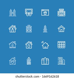 Editable 16 real icons for web and mobile. Set of real included icons line Buildings, Mansion, Building, Home, Roof, House, Eco house, Hotel, Homepage, Doormat on blue background