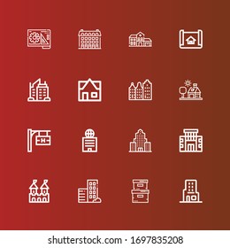 Editable 16 real icons for web and mobile. Set of real included icons line Skyscraper, Storage box, Real estate, Fortress, Building, Hotel signal, House, House plan, Blueprint on red