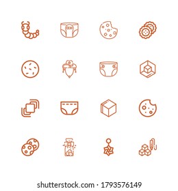 Editable 16 realistic icons for web and mobile. Set of realistic included icons line d cube, Belly piercing, Cookies, Cookie, Diaper, Hidrive, Cowboy hat, Biscuit on white background