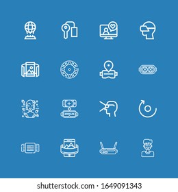 Editable 16 iconos de realidad para web y móvil. Conjunto de realidad incluye iconos línea realidad virtual, Vr, Panorámica, Rotación, Rotación, Holograma, Aumentado sobre fondo azul