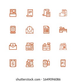 Editable 16 iconos de recepción para web y móvil. Juego de cobros incluidos iconos línea Factura, Terminal de pago, Registro de efectivo, Facturación, Máquina de efectivo, Cobro en fondo blanco