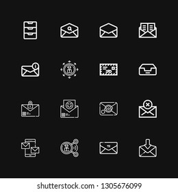 Editable 16 receive icons for web and mobile. Set of receive included icons line Mail, Envelope, Share, Mails, Email, Inbox on black background