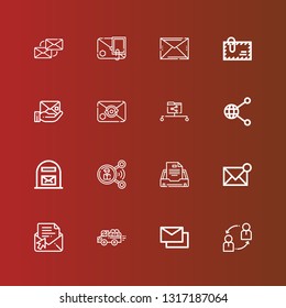 Editable 16 receive icons for web and mobile. Set of receive included icons line Sharing, Mails, Pick up, Email, Share, Mail box, Data share, Envelope on red
