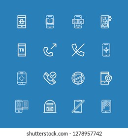 Editable 16 receiver icons for web and mobile. Set of receiver included icons line Phone, No phone, Mail box, Smartphone, No phones, No calls, Phone call on blue background