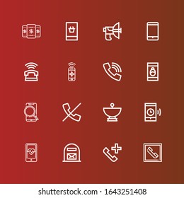 Editable 16 iconos de receptores para web y móvil. El conjunto de receptores incluye iconos línea Teléfono, Llamada telefónica, Correo, Smartphone, antena parabólica, Sin llamadas, Llamada, Teléfono, Parabólico en rojo