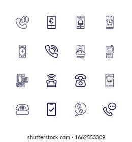 Editable 16 receiver icons for web and mobile. Set of receiver included icons line Phone call, Telephone, Smartphone, Phone, Walkie talkie, Call on white background