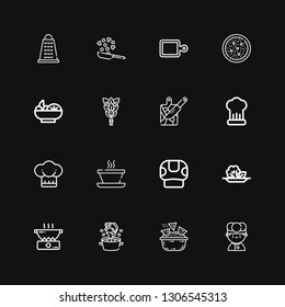 Editable 16 recipe icons for web and mobile. Set of recipe included icons line Chef, Nachos, Soup, Cooking, Salad, Mushroom, Cutting board, Whisk, Grater on black background
