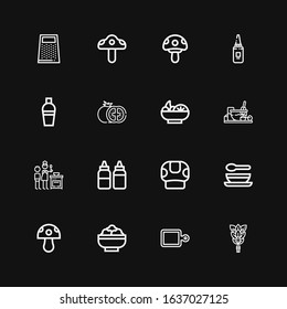 Editable 16 recipe icons for web and mobile. Set of recipe included icons line Whisk, Cutting board, Salad, Mushroom, Soup, Sauces, Cooking, Tomato, Shaker on black background