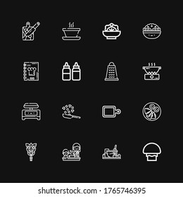 Editable 16 recipe icons for web and mobile. Set of recipe included icons line Mushroom, Cooking, Whisk, Quesadilla, Cutting board, Shaker, Grater, Sauces on black background
