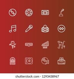 Editable 16 record icons for web and mobile. Set of record included icons line Video, Music, Cd, Jukebox, Xylophone, Amplifier, Microphone, Team viewer, Drum, Vhs, Film reel on red