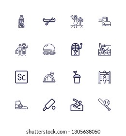 Editable 16 recreation icons for web and mobile. Set of recreation included icons line Baseball, Swimming, Cricket, Boot, Metal detector, Sand bucket, Tent on white background