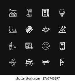Editable 16 recreation icons for web and mobile. Set of recreation included icons line Dominoes, Canoe, Ride, Kayak, Billiard, Baseball, Caravan, Hiking, Tent on black background