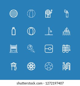 Editable 16 recreational icons for web and mobile. Set of recreational included icons line Slide, Ball, Spoke wheel, Oxygen tank, Beach ball, Volleyball, Sailboat on blue background