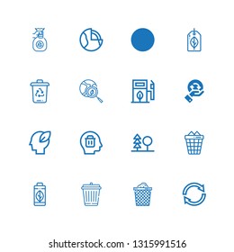 Editable 16 recycling icons for web and mobile. Set of recycling included icons line Reuse, Trash can, Garbage, Green energy, Forest, Delete, Ecology, Recycling on white background