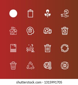 Editable 16 recycling icons for web and mobile. Set of recycling included icons line Recycling, Global warming, Recycle, Trash, Reuse, Bin, Park, Delete, bin on red