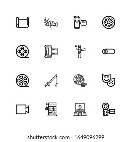 Editable 16 reel icons for web and mobile. Set of reel included icons line Camcorder, Video, Slot machine, Theatre, Film, Fishing, Film roll, Roll, Film director on white background