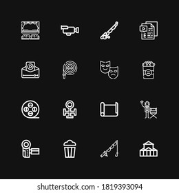 Editable 16 iconos de tambor para web y móvil. Juego de rollos incluidos línea de iconos Teatro, Pesca, Palomitas, Camcorder, Actor, Rollo de papel, Cobre, Rodillo de película, Manguera sobre fondo negro
