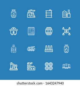Editable 16 refinery icons for web and mobile. Set of refinery included icons line Tank, Barrels, Factory, Oil, Gas, Mining, Barrel, Chimney on blue background