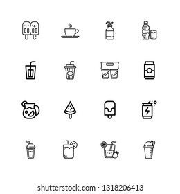 Editable 16 refreshment icons for web and mobile. Set of refreshment included icons line Bottle, Lemonade, Drink, Soda, Energy drink, Popsicle, Juice, Can on white background