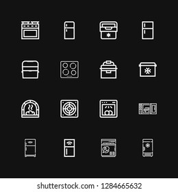 Editable 16 refrigerator icons for web and mobile. Set of refrigerator included icons line Freezer, Refrigerator, Microwave oven, Dishwasher, Extractor, Oven on black background