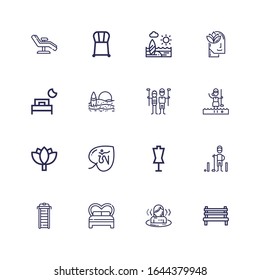 Editable 16 relax icons for web and mobile. Set of relax included icons line Bench, Sauna, Bed, Treadmill, Golfer, Dummy, Om, Lotus, Beach, Relax, Chair on white background