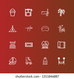 Editable 16 relaxation icons for web and mobile. Set of relaxation included icons line Hammock, Sauna, Roller skate, Yatch, Yoga mat, Bench, Rug, Well, Spa, Sleeping mask on red