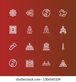 Editable 16 religion icons for web and mobile. Set of religion included icons line Chakra, Candles, Hagia sophia, Yin yang, Candle, Sphinx, Lantern, Thailand, Praying, Japanese castle on red