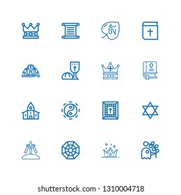 Editable 16 religious icons for web and mobile. Set of religious included icons line Pigeon, Crown, Pagan, Calvary, Judaism, Bible, Taoism, Church, Last supper on white background
