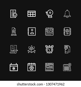 Editable 16 reminder icons for web and mobile. Set of reminder included icons line Calendar, Memorize, Alarm clock, Bell, List, Agenda, Notification, Alarm on black background