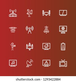 Editable 16 remote icons for web and mobile. Set of remote included icons line Television, Antenna, Remote control, Signal, Photography, Drone on red